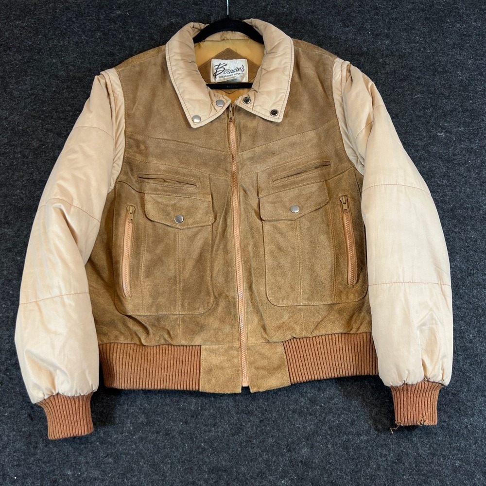 Vintage 70s Bermans Leather Suede Bomber Jacket Mens Size 44 Tan Brown Outdoor